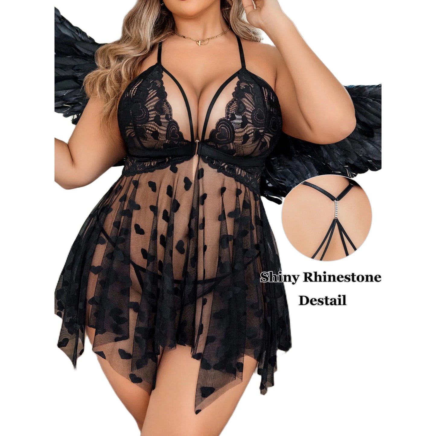 Women Plus Size Lingerie Nighty Lace Chemise Sleepwear Deep V Front Slit Mesh Nightdress