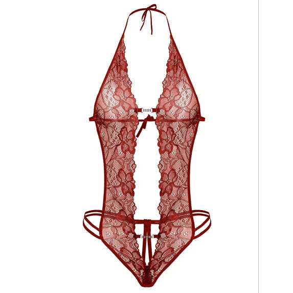 Lingerie for Women Lace Bodysuit Halter One Piece Lingerie Sleepwear Wine Red S