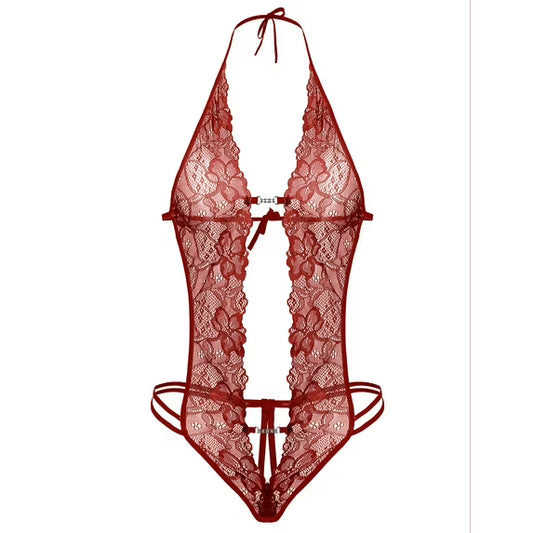 Lingerie for Women Lace Bodysuit Halter One Piece Lingerie Sleepwear Wine Red S
