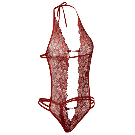 Lingerie for Women Lace Bodysuit Halter One Piece Lingerie Sleepwear Wine Red S