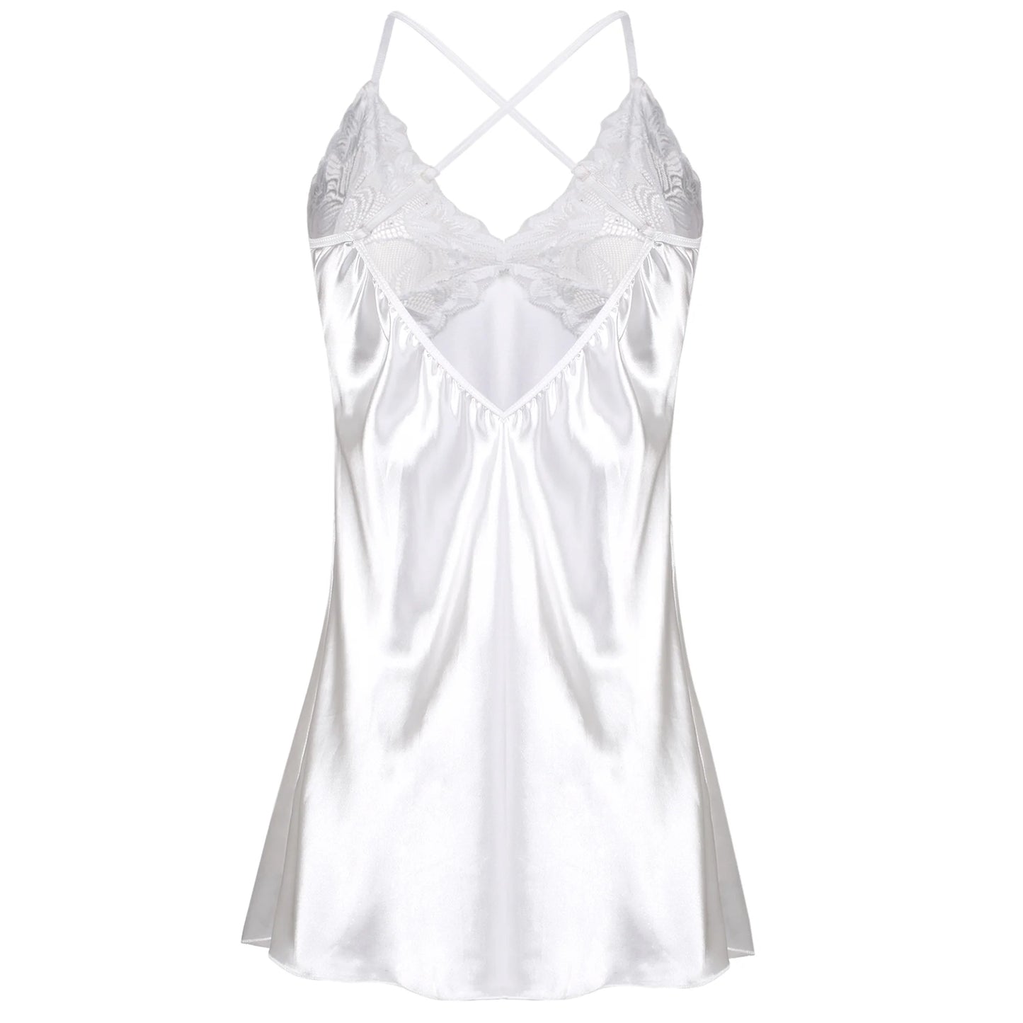 Women Lingerie Satin Lace Chemise Nightgown Sexy Full Slips Sleepwear Scarlet White