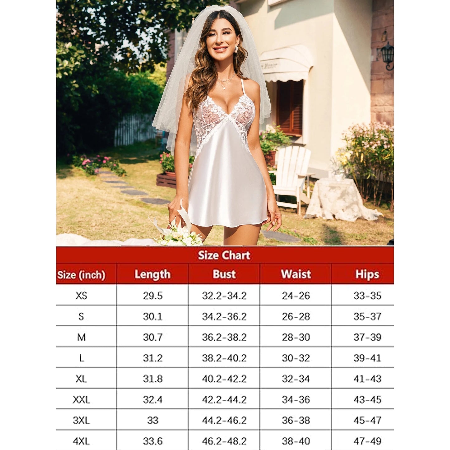 Women Lingerie Satin Lace Chemise Nightgown Sexy Full Slips Sleepwear Scarlet White