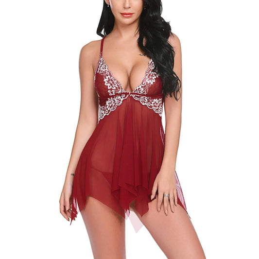 Women Lace Babydoll Lingerie Front Closure V Neck Nightwear