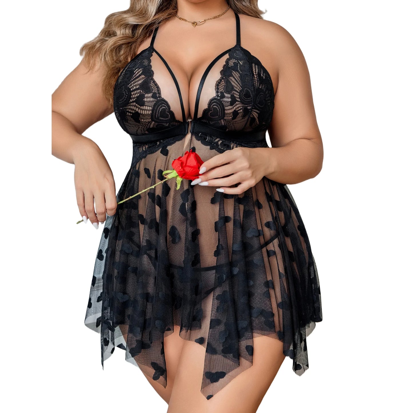 Women Plus Size Lingerie Nighty Lace Chemise Sleepwear Deep V Front Slit Mesh Nightdress