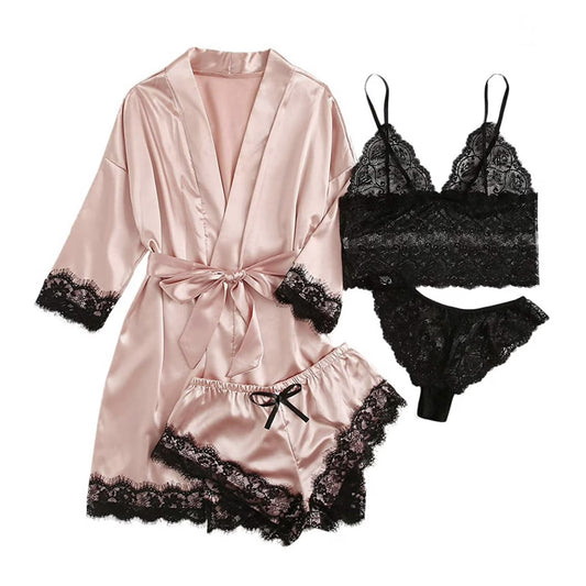 Women Satin Silk Pajamas Set 4pcs Lace Trim Cami Sexy Lingerie Sleepwear