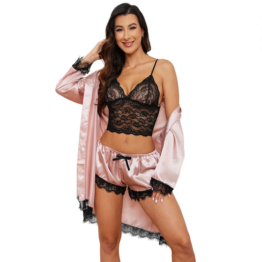 Women Satin Silk Pajamas Set 4pcs Lace Trim Cami Sexy Lingerie Sleepwear