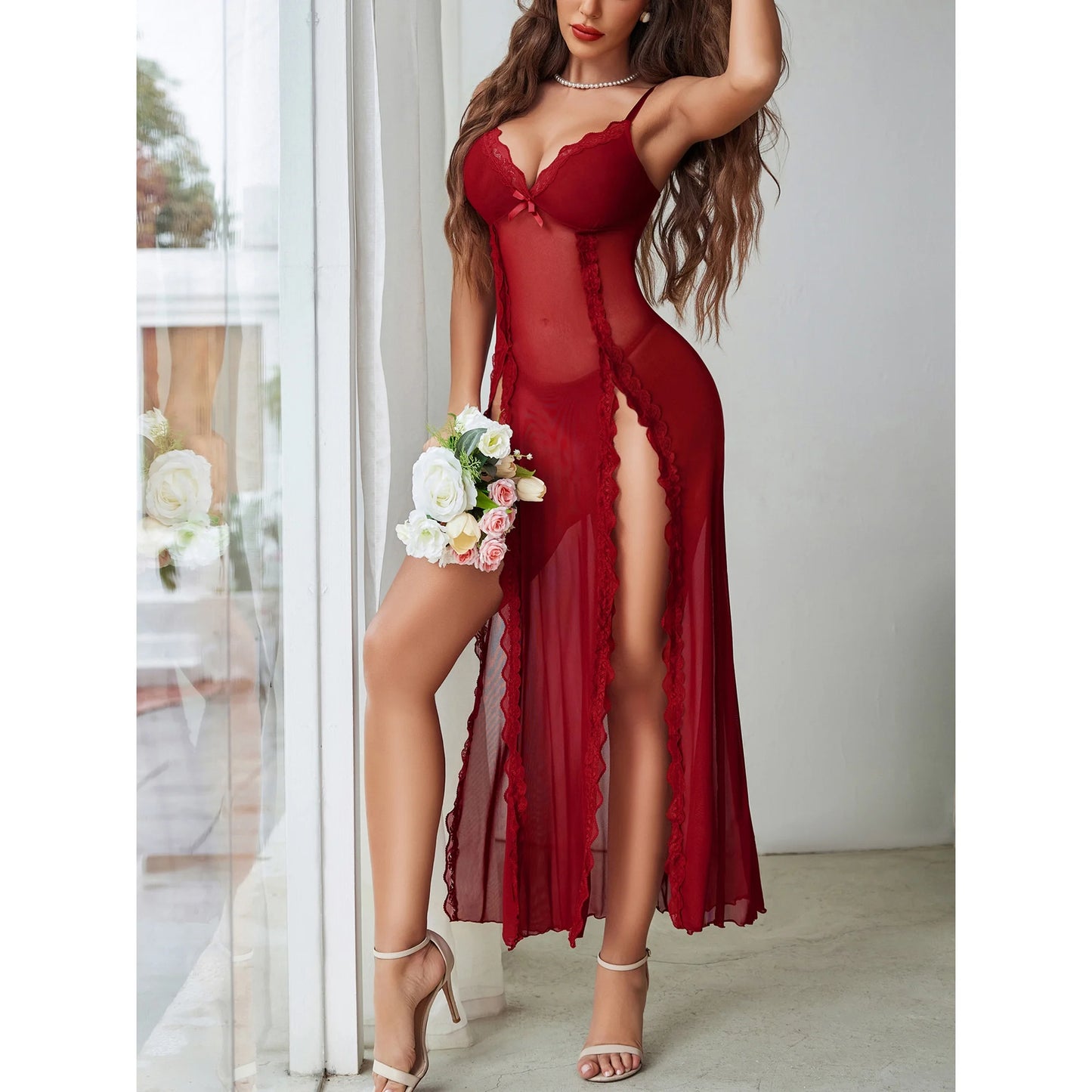 Women Side Split Chemise Sexy Nightdress Deep V Neck