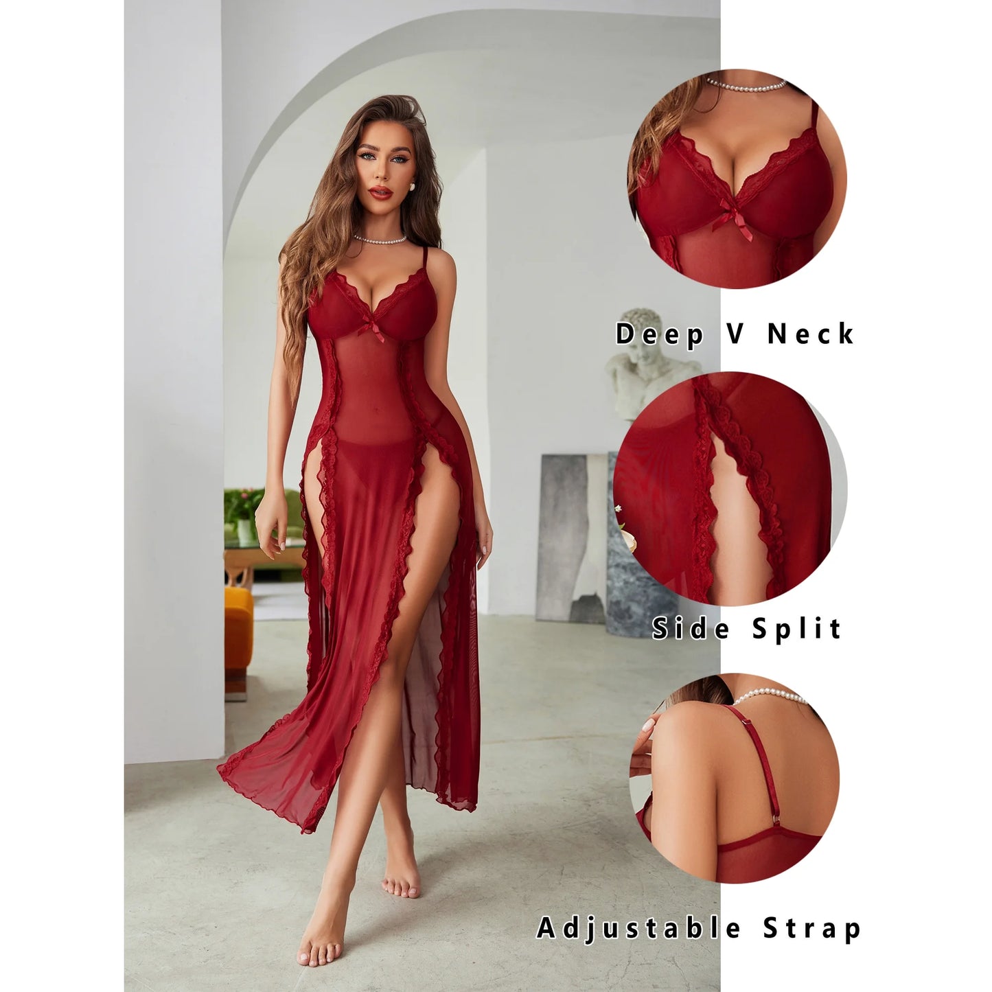 Women Side Split Chemise Sexy Nightdress Deep V Neck